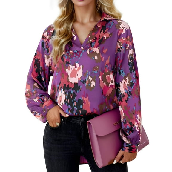 Weardear Women's Casual Lantern Long Sleeve Tops Abstract Print Lapel V Neck Flowy Loose Blouses