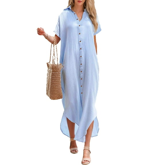 Weardear Women's Casual Short Sleeve Side Split Button Down Long Kimono Cardigan Swimsuit Covering Summer New Style