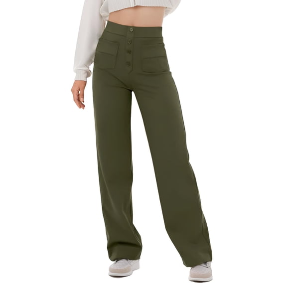 Weardear Women's Casual Straight Leg Pants High Waisted Button Down Stretchy Business Work Trousers with Multiple Pockets