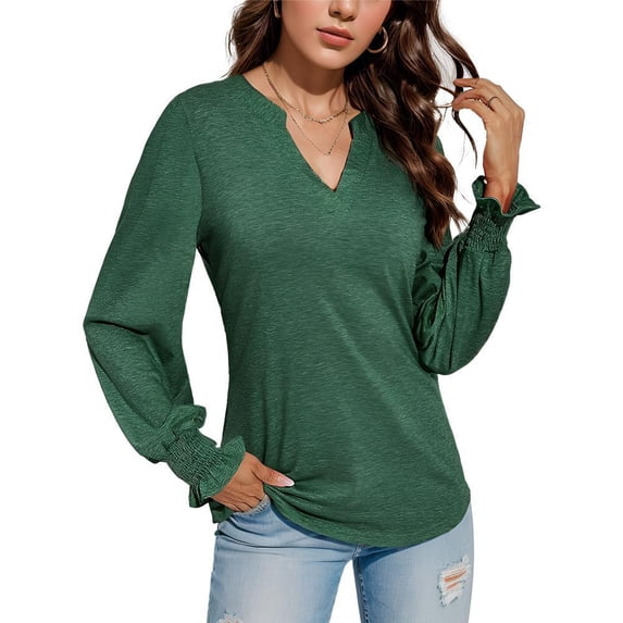 Weardear Women's Casual V-Neck T-Shirts Loose Puff Long Sleeve Tops Tunic Blouses