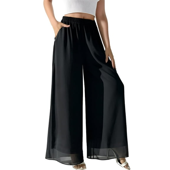 Weardear Palazzo Pants for Women Dressy Loose Fitting Wide Leg Pants Elastic Waist Chiffon Trousers with Pockets