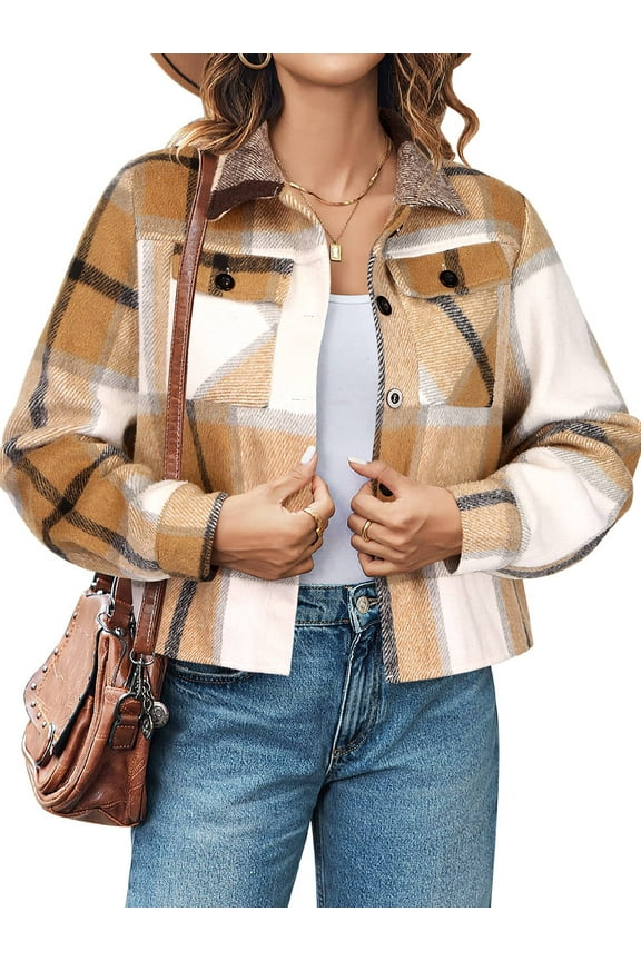 Women's Cropped Casual Jacket Flannel Fall Outwear Jacket Plaid Button Down Coat