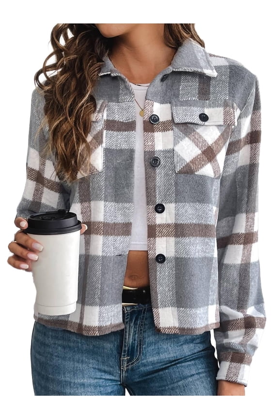 Women's Cropped Casual Jacket Flannel Fall Outwear Jacket Plaid Button Down Coat