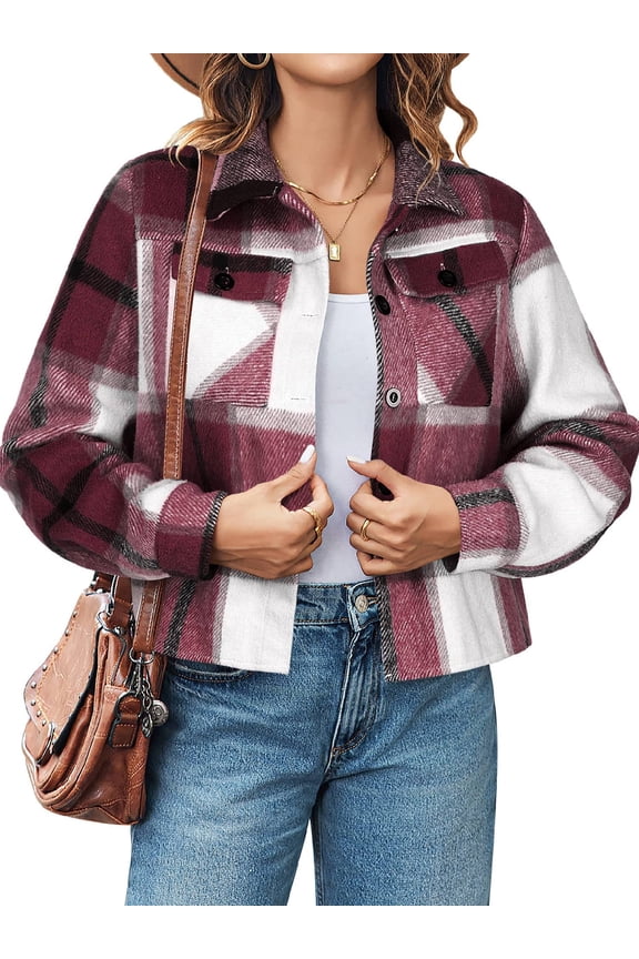 Women's Cropped Casual Jacket Flannel Fall Outwear Jacket Plaid Button Down Coat