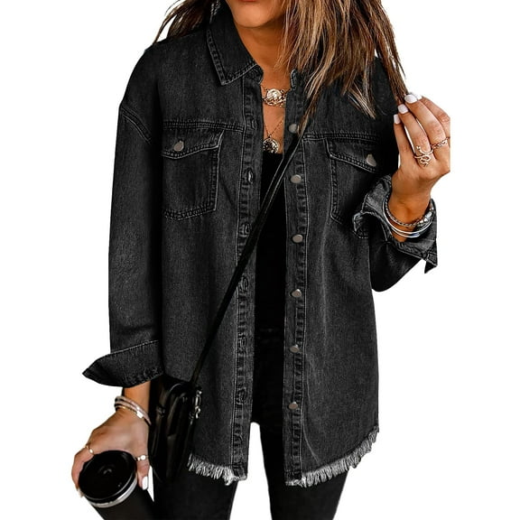 Weardear Women's Denim Jackets Long Sleeve Button Down Casual Frayed Hem Shacket Jean Jacket