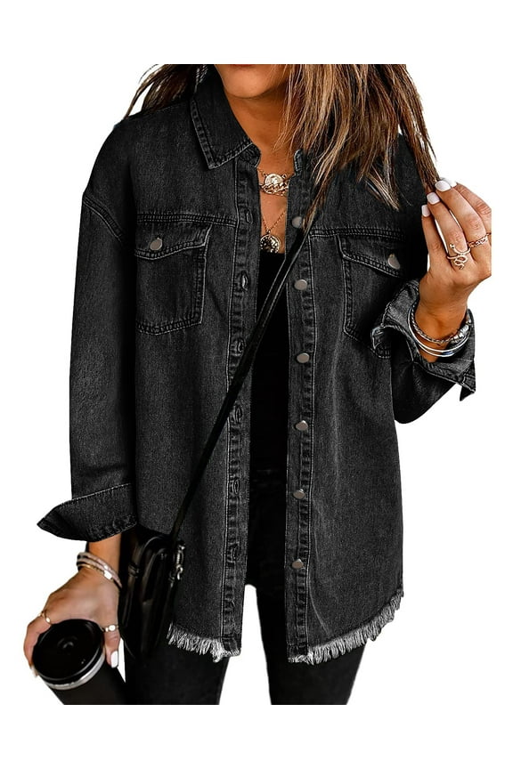 Women's Denim Jackets Long Sleeve Button Down Casual Frayed Hem Shacket Jean Jacket