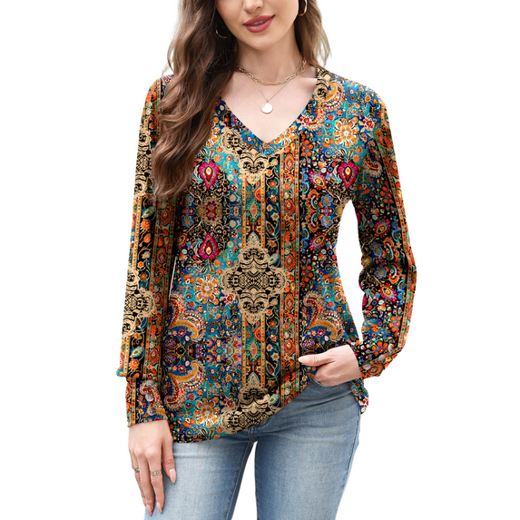 Weardear Women Casual Dressy Tops V Neck Long Sleeve Blouse Loose Fit Trendy Tunic Clothes, M
