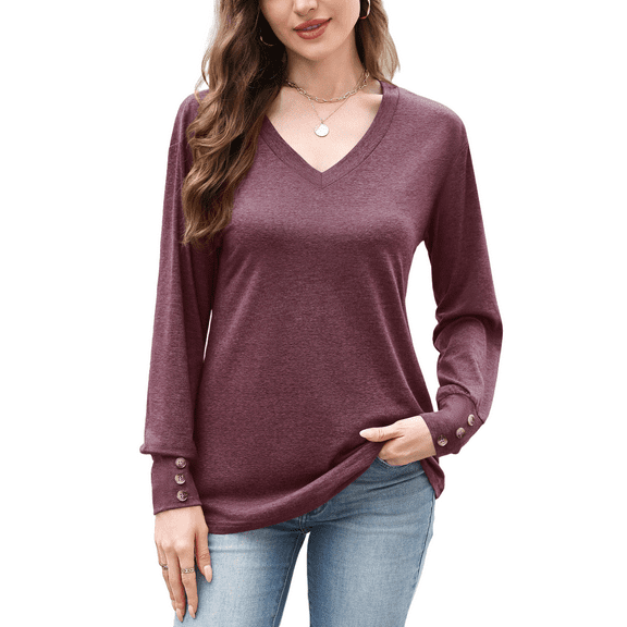Weardear Women Casual Dressy Tops V Neck Long Sleeve Blouse Loose Fit Trendy Tunic Clothes, L