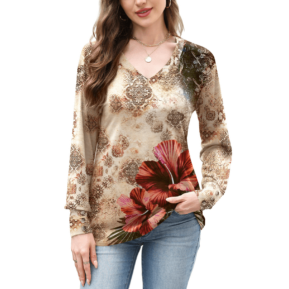 Weardear Women Casual Dressy Tops V Neck Long Sleeve Blouse Loose Fit Trendy Tunic Clothes, M