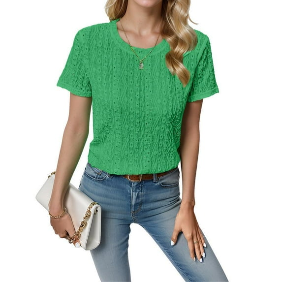 Weardear Women's Eyelet Embroidery Short Sleeve Tops Shirts Solid Crewneck Retro Plain Casual Holiday T-Shirts