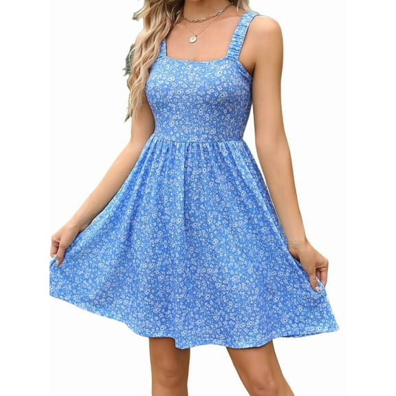 Weardear Women's Floral Summer Dress Square Neck Sleeveless A Line Mini Dress with Pockets