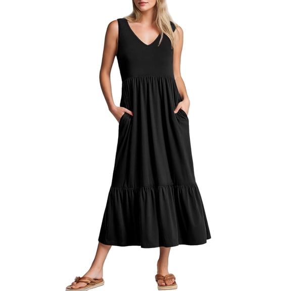 Weardear Women's Flowy Tiered Maxi Dress Summer Casual Sleeveless V Neck Tank Swing Sundress Flare Beach Dresses with Pockets