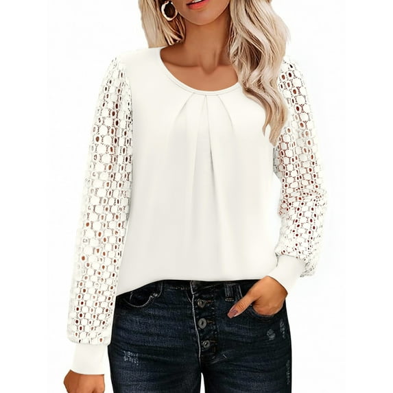 Weardear Women's Lace Long Sleeve Tops Crew Neck Pleated Tunic Top Business Work Dressy Blouses