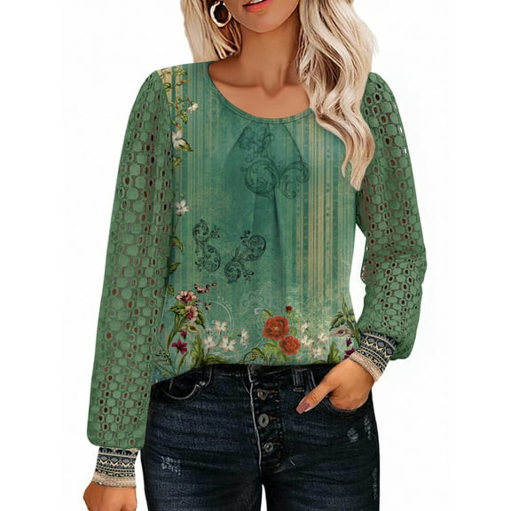 Weardear Women's Lace Long Sleeve Tops Crew Neck Pleated Tunic Top Business Work Dressy Blouses