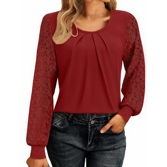 Weardear Women's Lace Long Sleeve Tops Crew Neck Pleated Tunic Top Business Work Dressy Blouses