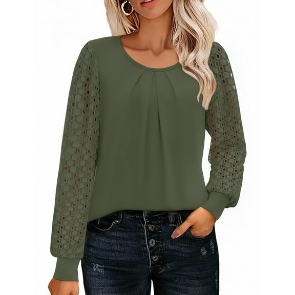 Weardear Women's Lace Long Sleeve Tops Crew Neck Pleated Tunic Top Business Work Dressy Blouses