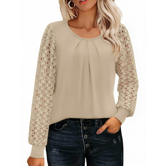 Weardear Women's Lace Long Sleeve Tops Crew Neck Pleated Tunic Top Business Work Dressy Blouses