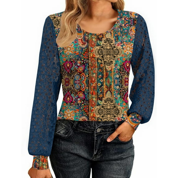 Weardear Women's Lace Long Sleeve Tops Crew Neck Pleated Tunic Top Business Work Dressy Blouses