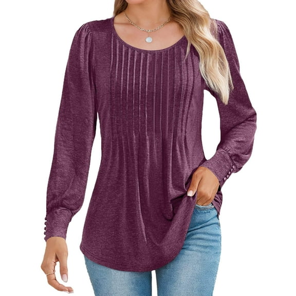 Weardear Women's Long Puff Sleeve Tunic Tops Pleated Crew Neck Blouses Dressy Casual Fall Blouses