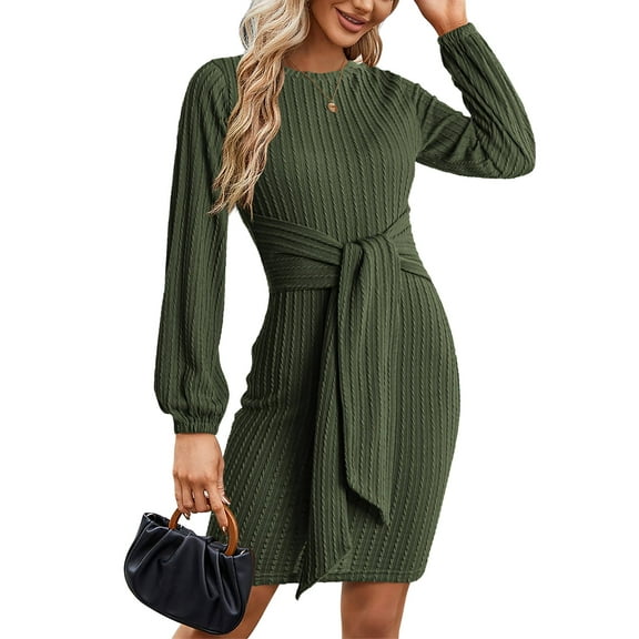 Weardear Women's Long Sleeve Sweater Dress 2025 Fall Crewneck Bodycon Knit Dress with Tie Waist