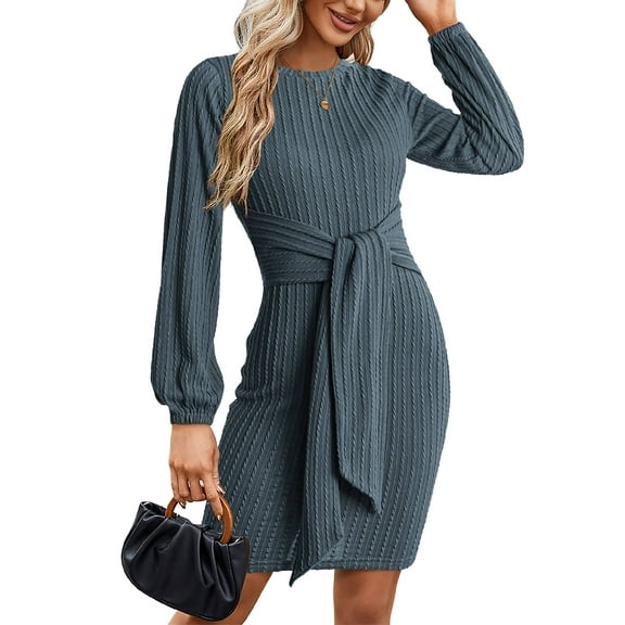 Weardear Women's Long Sleeve Sweater Dress 2025 Fall Crewneck Bodycon Knit Dress with Tie Waist