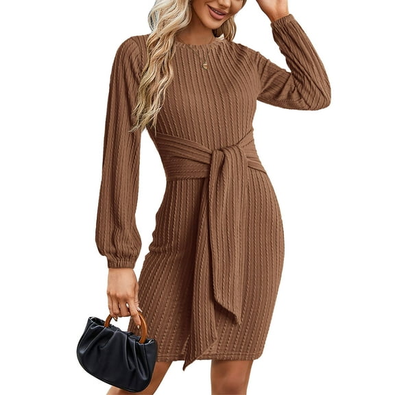 Weardear Women's Long Sleeve Sweater Dress 2025 Fall Crewneck Bodycon Knit Dress with Tie Waist