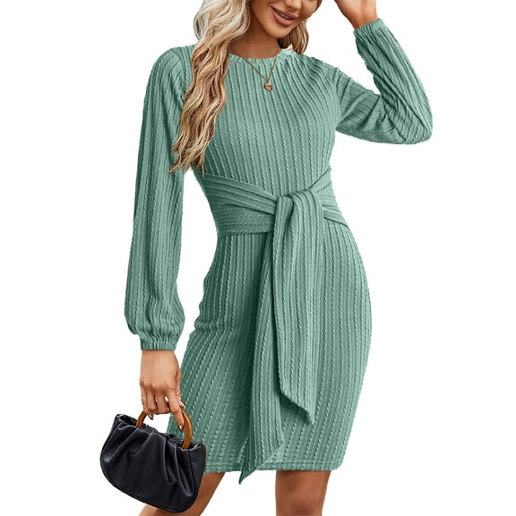Weardear Women's Long Sleeve Sweater Dress 2025 Fall Crewneck Bodycon Knit Dress with Tie Waist