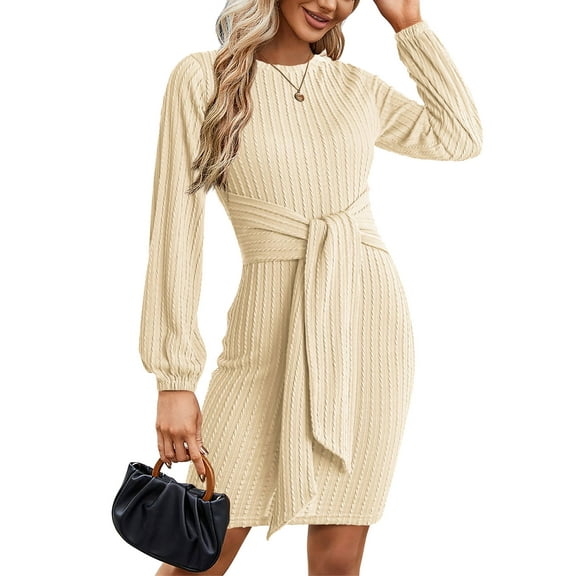 Weardear Women's Long Sleeve Sweater Dress 2025 Fall Crewneck Bodycon Knit Dress with Tie Waist