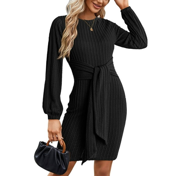 Weardear Women's Long Sleeve Sweater Dress 2025 Fall Crewneck Bodycon Knit Dress with Tie Waist