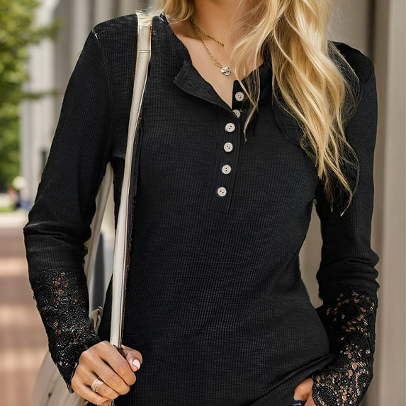 Weardear Women's Long Sleeve T Shirt With Super Soft Stretch Fabric Round Neck Weave Crew Neck Tunic Tops Buttons Medi T Shirts