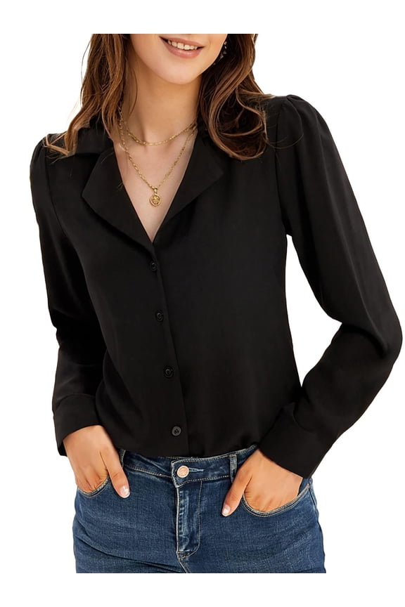 Women's Long Sleeve V Neck Tops Button Down Collared Work Business Blouses Casual Shirt