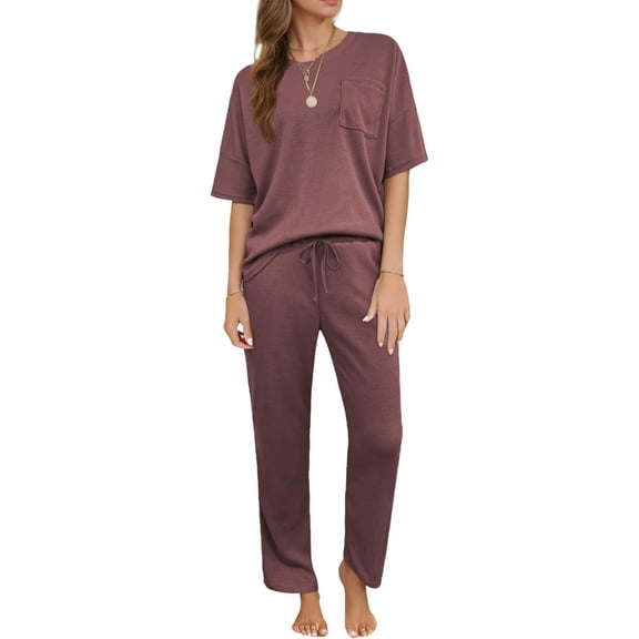 Weardear Women's Lounge Pajama Sets Waffle Short Sleeve Shirt with Long Pants Soft Sleepwear Loungewear Pj Sets