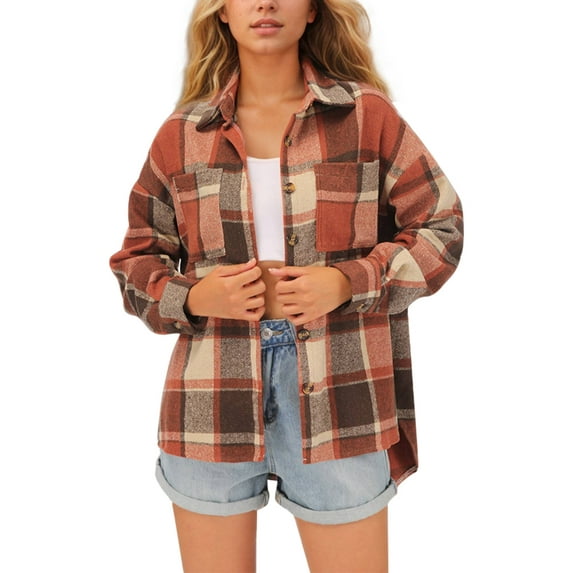 Weardear Women's Plaid Jacket Casual Flannel Shacket Button Down Side Slits Jacket