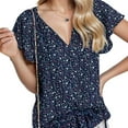 thumbnail image 1 of Weardear Women's Pleated Tunic Short Tshirt V Neck Casual Loose Short Sleeve Flower Blouse Summer Shirt Tops, 1 of 6