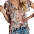 thumbnail image 1 of Weardear Women's Pleated Tunic Short Tshirt V Neck Casual Loose Short Sleeve Flower Blouse Summer Shirt Tops, 1 of 6