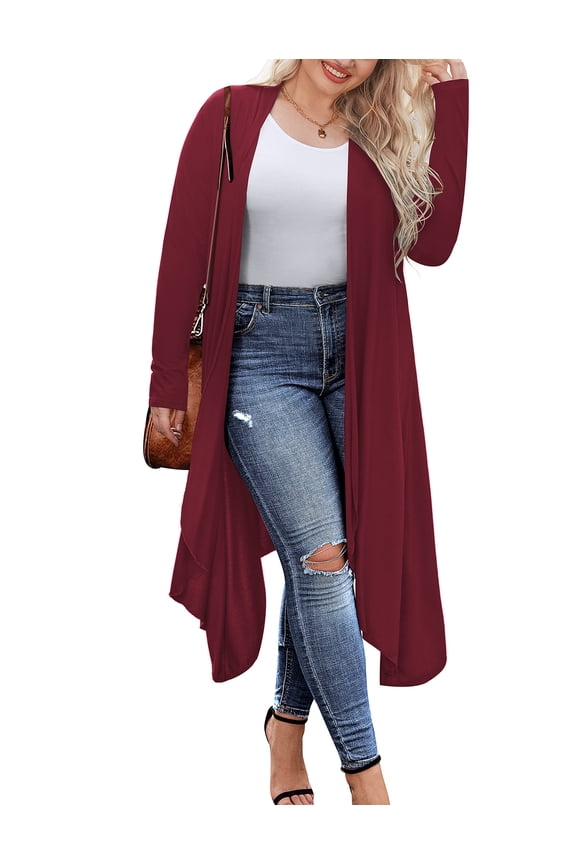 Women's Plus Size Cardigan Long Sleeve Open Front Drape Cardigans Lightweight Long Duster
