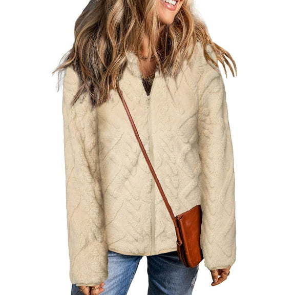 Weardear Women's Plush Zip up Short Jacket Fuzzy Outerwear Long Sleeve Warm Coats with Pockets Khaki S-XXL