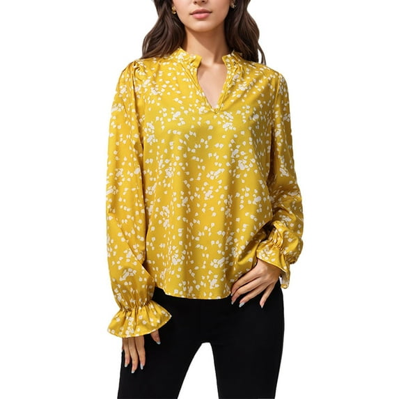 Weardear Women's Puff Long Sleeve Chiffon Blouses Casual V Neck Floral Print Smocked Bohemian Tops