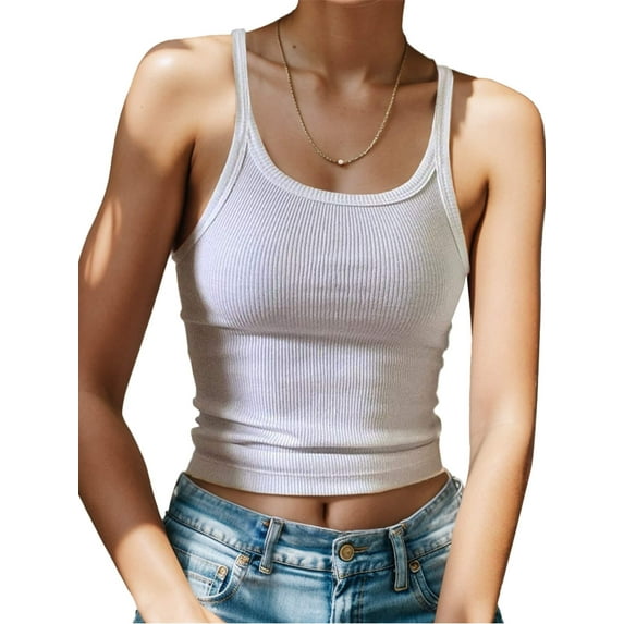 Weardear Womens Summer Tank Tops Basic Casual Scoop Neck Spaghetti Strap Ribbed Sleeveless Fitted Crop Tank Tops for Women