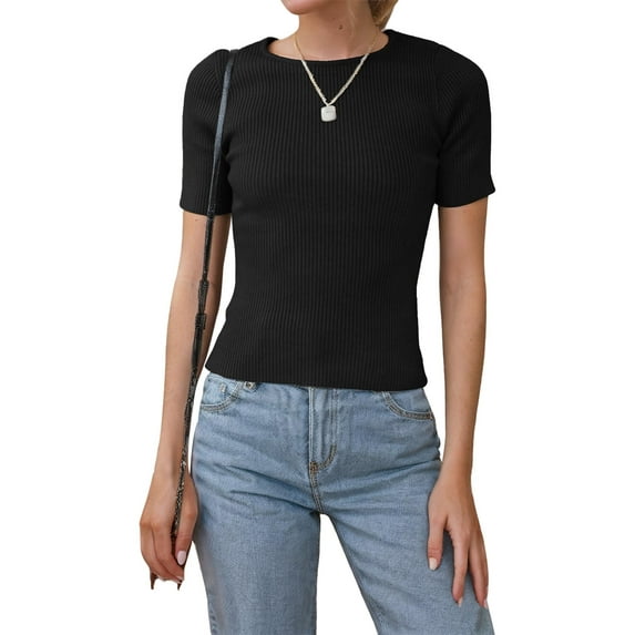 Weardear Womens Short Sleeve Basic Tops Fall Crew Neck Ribbed Knit Slimming T Shirt