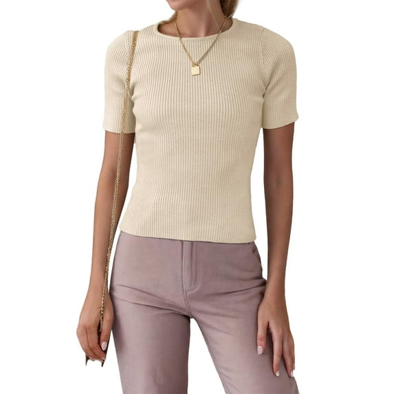 Weardear Womens Short Sleeve Basic Tops Fall Crew Neck Ribbed Knit Slimming T Shirt