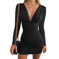 thumbnail image 1 of Weardear Women's Ruched Bodycon Cocktail Dresses Long Sleeve Deep V Neck Stretchy Party Club Mini Dress, 1 of 8