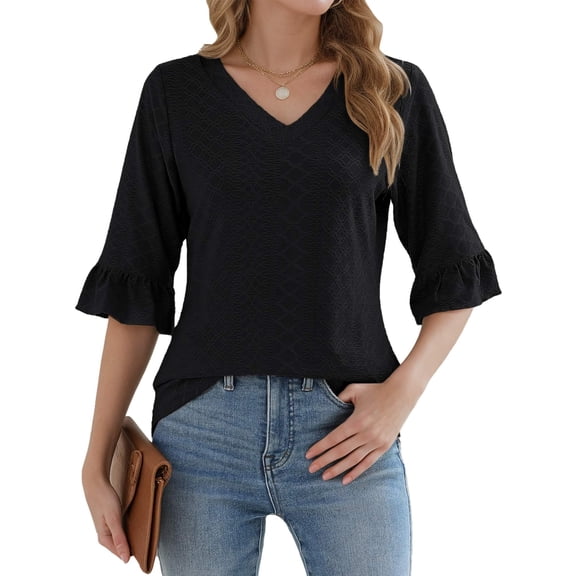 Weardear Women's Ruffle 3/4 Sleeves Tops Summer Fall V Neck Shirt Dressy Casual Loose Tunic Tops