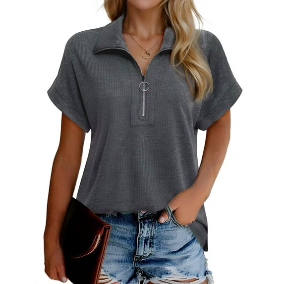 Weardear Women's Summer Short Sleeve Tops Casual Zipper Collar Buisness Shirts Loose Fitting Tunic Top V Neck Polo Shirts