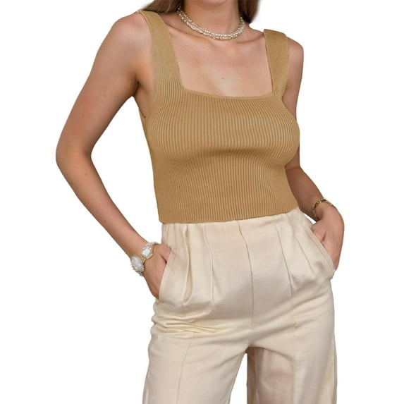 Weardear Women's Square Neck Tank Crop Top Sleeveless Solid Ribbed Knit Fitted Gym Workout Tank Tops Cami Shirt