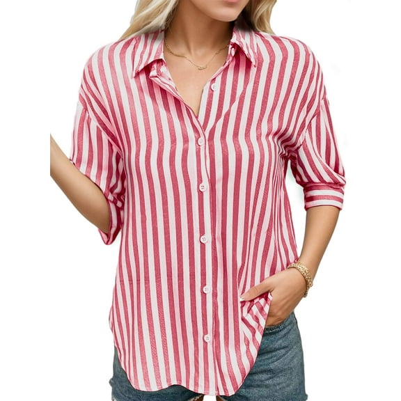 Weardear Women's Striped Half Sleeve Buttom Down Shirt Loose Fit Casual Cotton Top