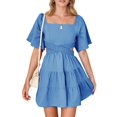 thumbnail image 1 of Weardear Women's Casual Summer Dress Square Neck Short Sleeve Crossover Waist Sexy Swing Cake Mini Dress, 1 of 6