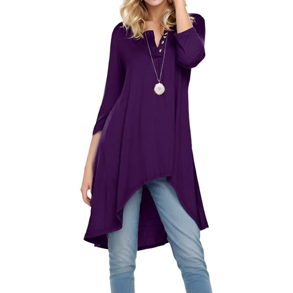 Weardear Women's Tunic Tops Flowy High Low Blouse 3/4 Sleeve Button V Neck Long Shirt Dress Loose Tee