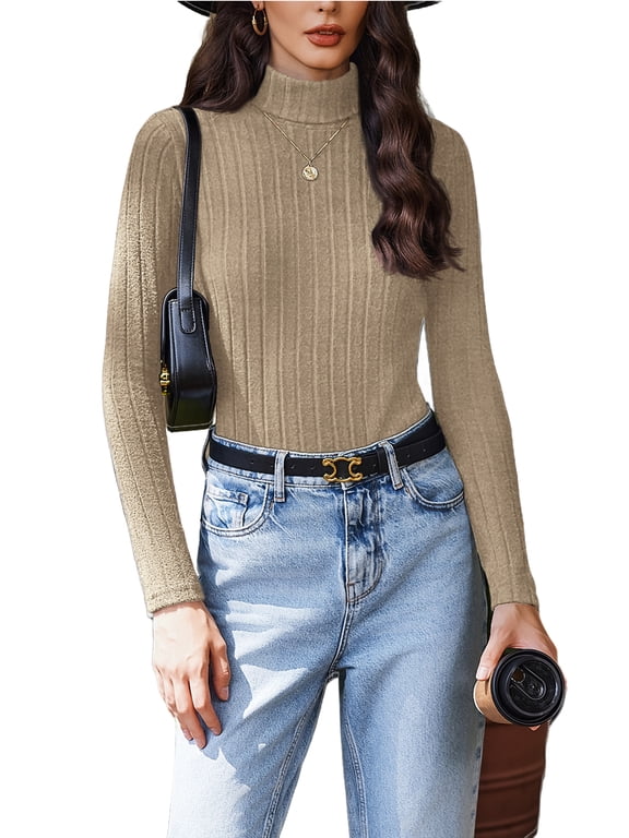 Women's Turtleneck Sweaters 2024 Fall Fitted Long Sleeve Pullover Sweater Ribbed Knit Basic Tops