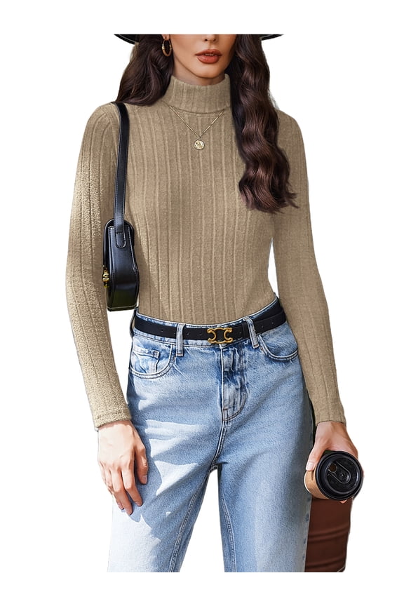 Women's Turtleneck Sweaters 2024 Fall Fitted Long Sleeve Pullover Sweater Ribbed Knit Basic Tops